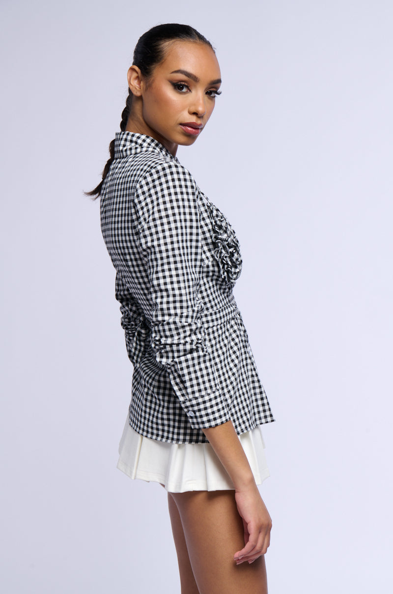 Back View Amina Gingham Collared Long Sleeve Blouse