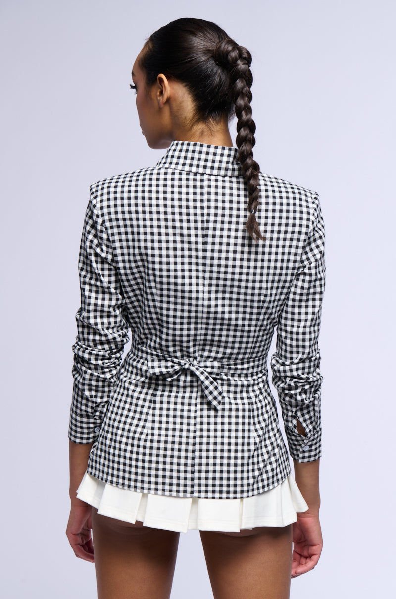 Detail View Amina Gingham Collared Long Sleeve Blouse