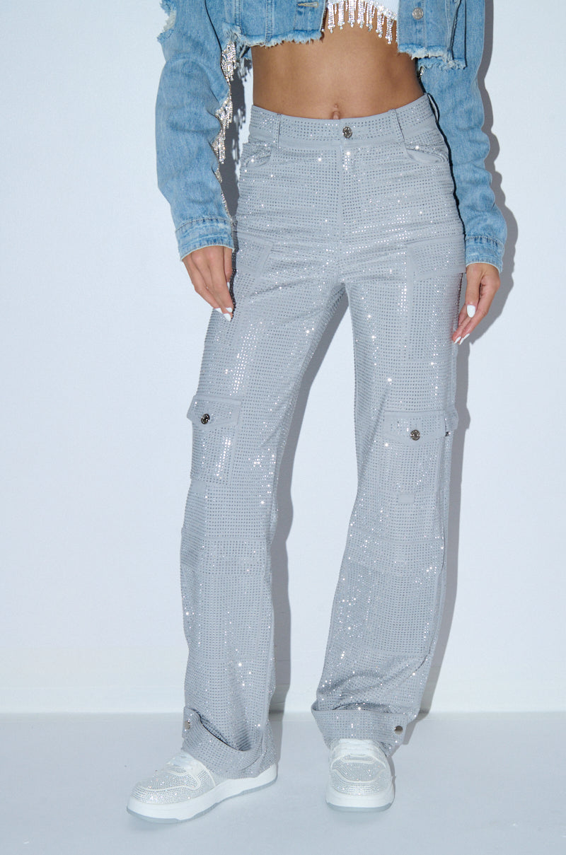 Front View Ammo Bonne Soiree Rhinestone Cargo Pants In Grey