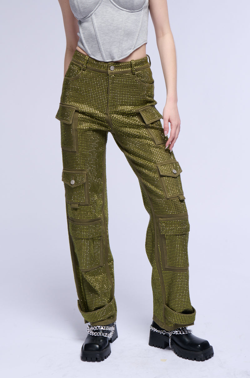 Side View Ammo Bonne Soiree Rhinestone Cargo Pants In Olive