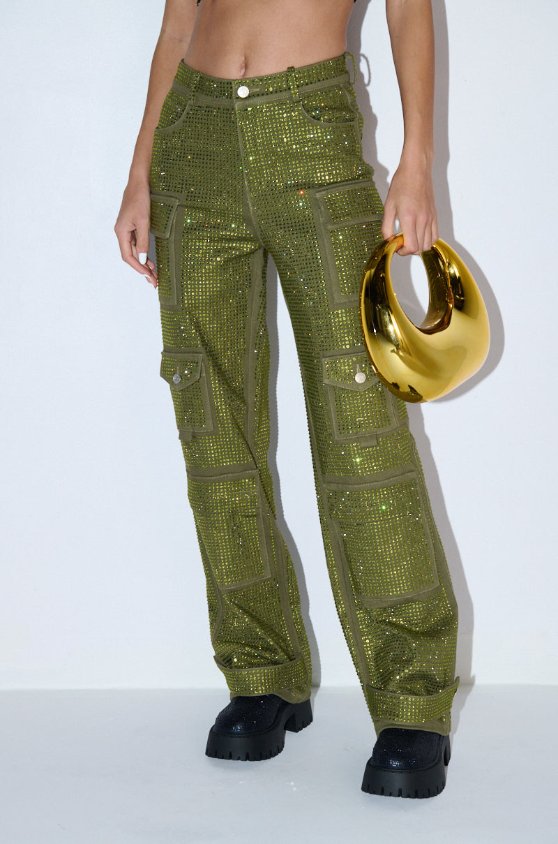 Side View Ammo Bonne Soiree Rhinestone Cargo Pants In Olive