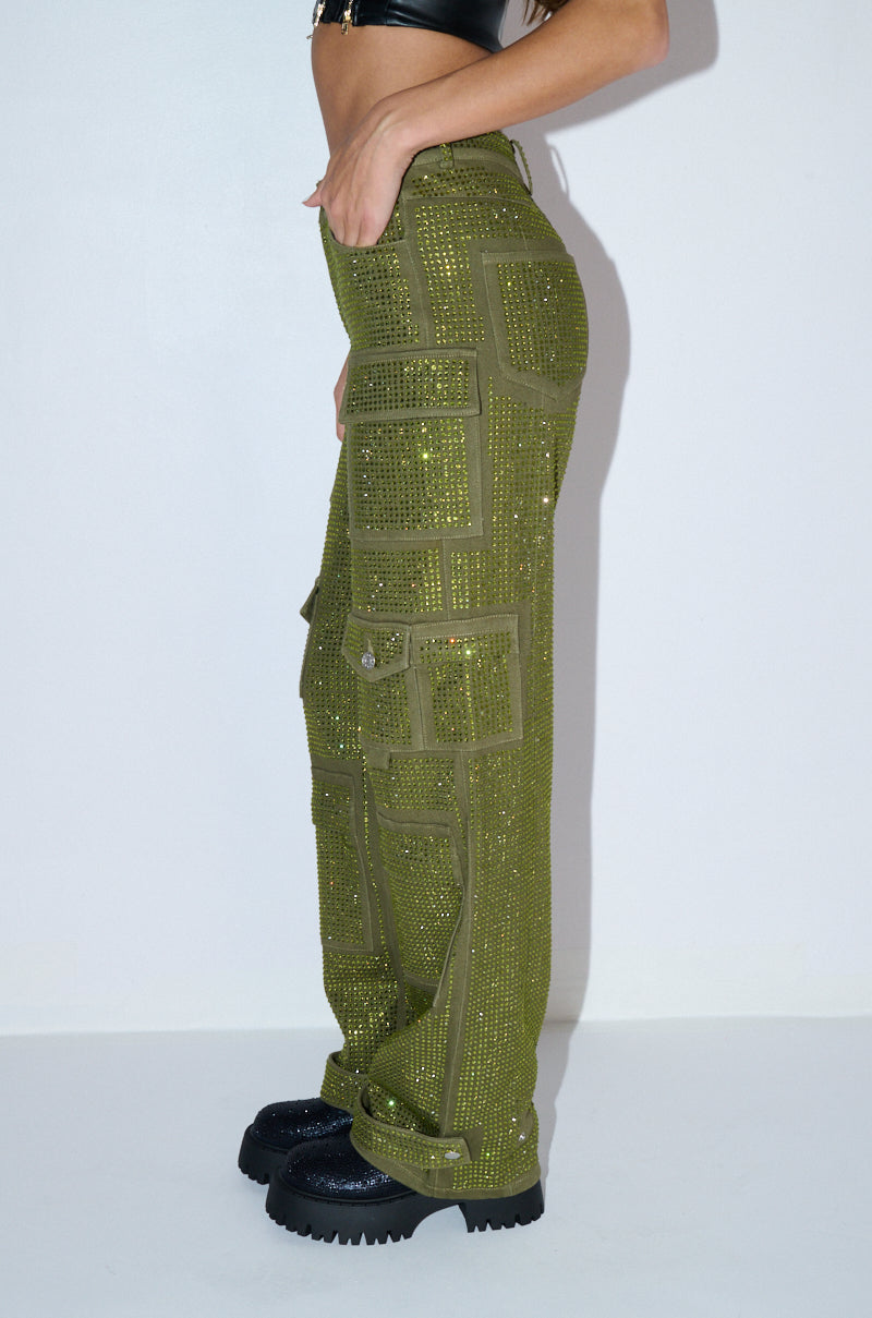 Back View Ammo Bonne Soiree Rhinestone Cargo Pants In Olive