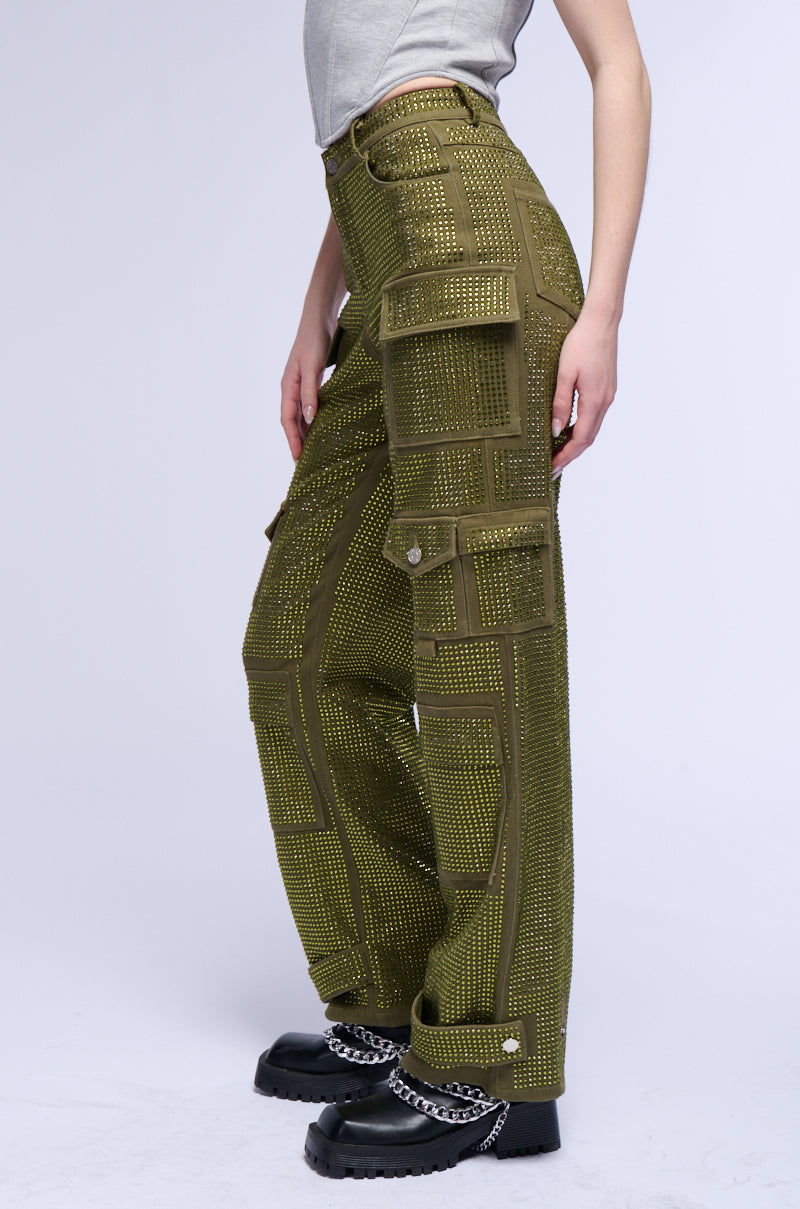 Detail View Ammo Bonne Soiree Rhinestone Cargo Pants In Olive