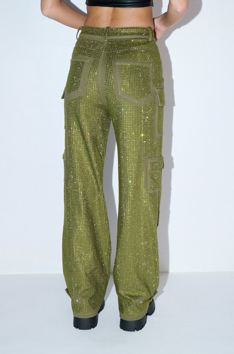 Detail View Ammo Bonne Soiree Rhinestone Cargo Pants In Olive