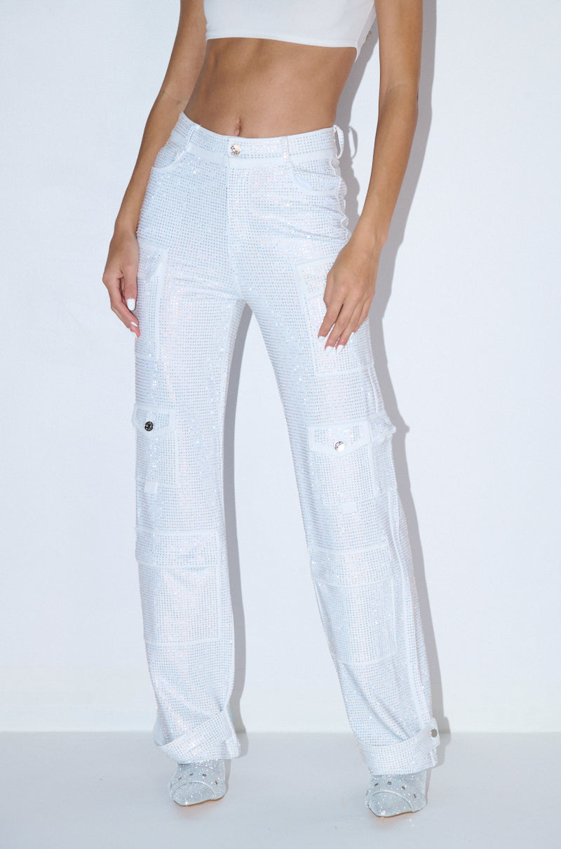 Front View Ammo Bonne Soiree Rhinestone Cargo Pants In White