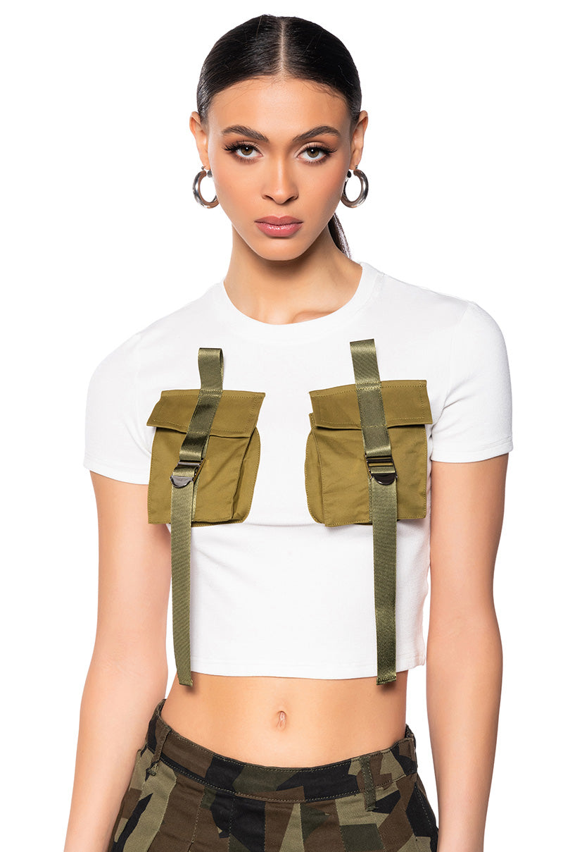 Front View Ammo Cargo Pocket Detail Rib Knit Top