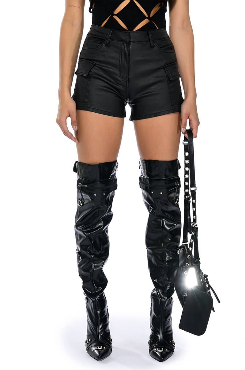 Front View Amy Faux Leather Cargo Shorts