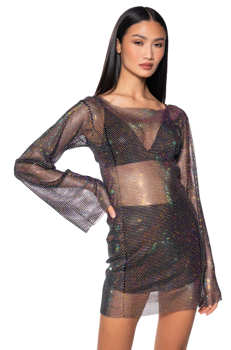 ANAIS RHINESTONE MESH LONG SLEEVE MINI DRESS IN BLACK view 0