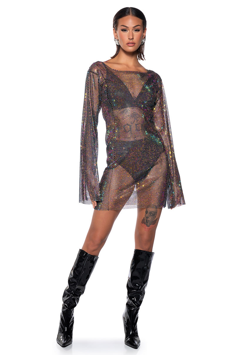 Side View Anais Rhinestone Mesh Long Sleeve Mini Dress