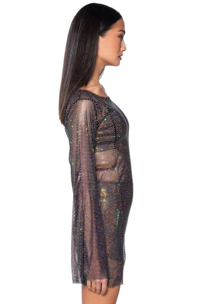 Detail View Anais Rhinestone Mesh Long Sleeve Mini Dress