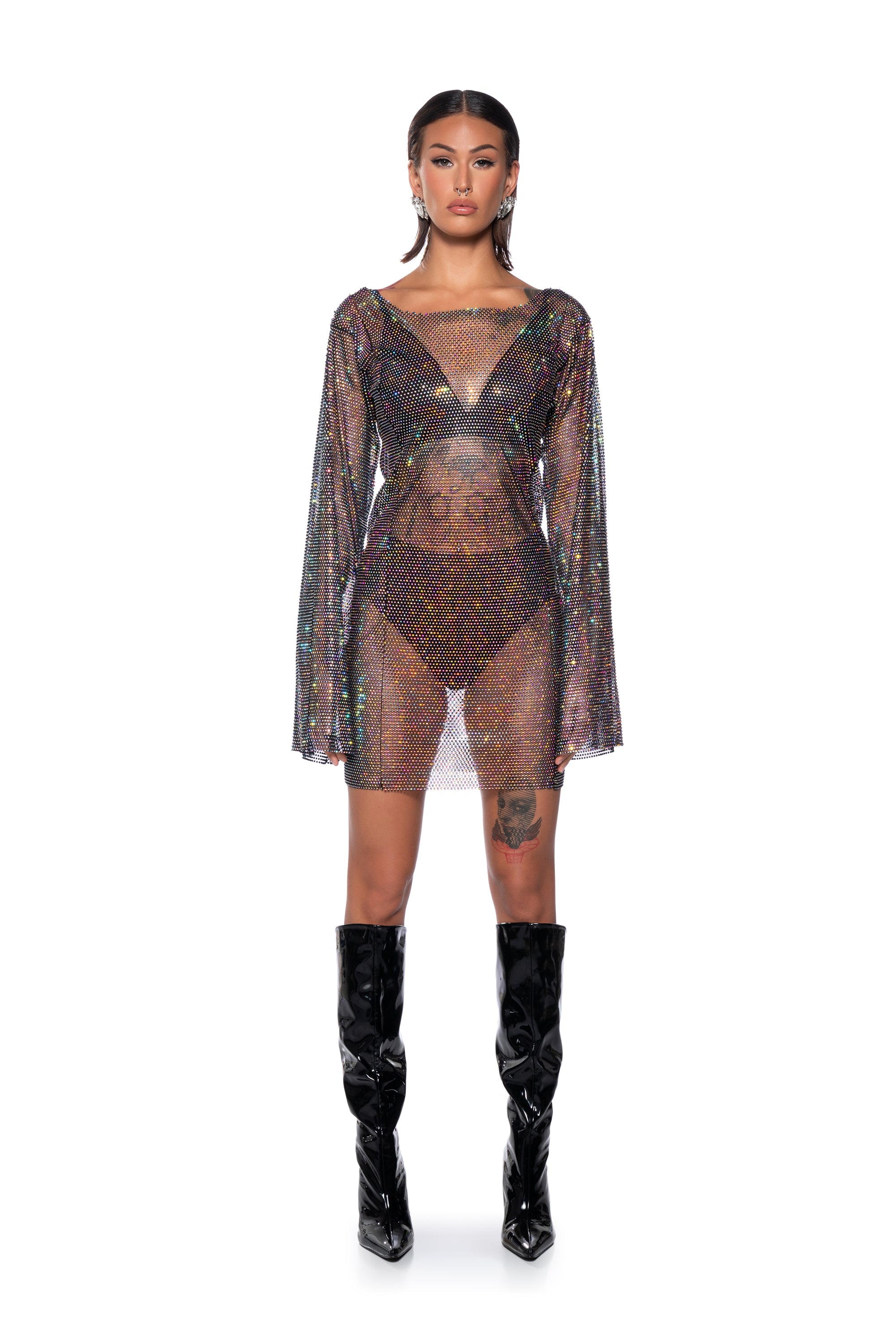 Extra View Anais Rhinestone Mesh Long Sleeve Mini Dress