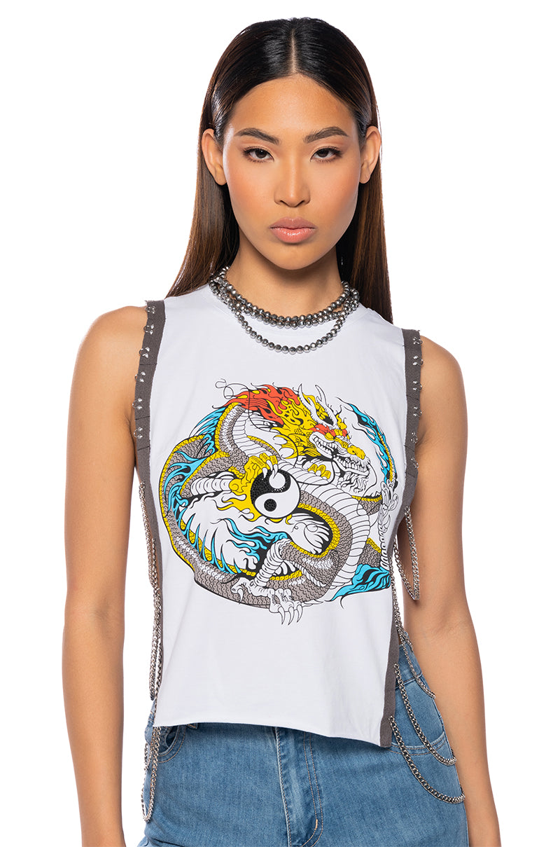 Front View Ancient Tales Cropped Side Chain Graphic Tank