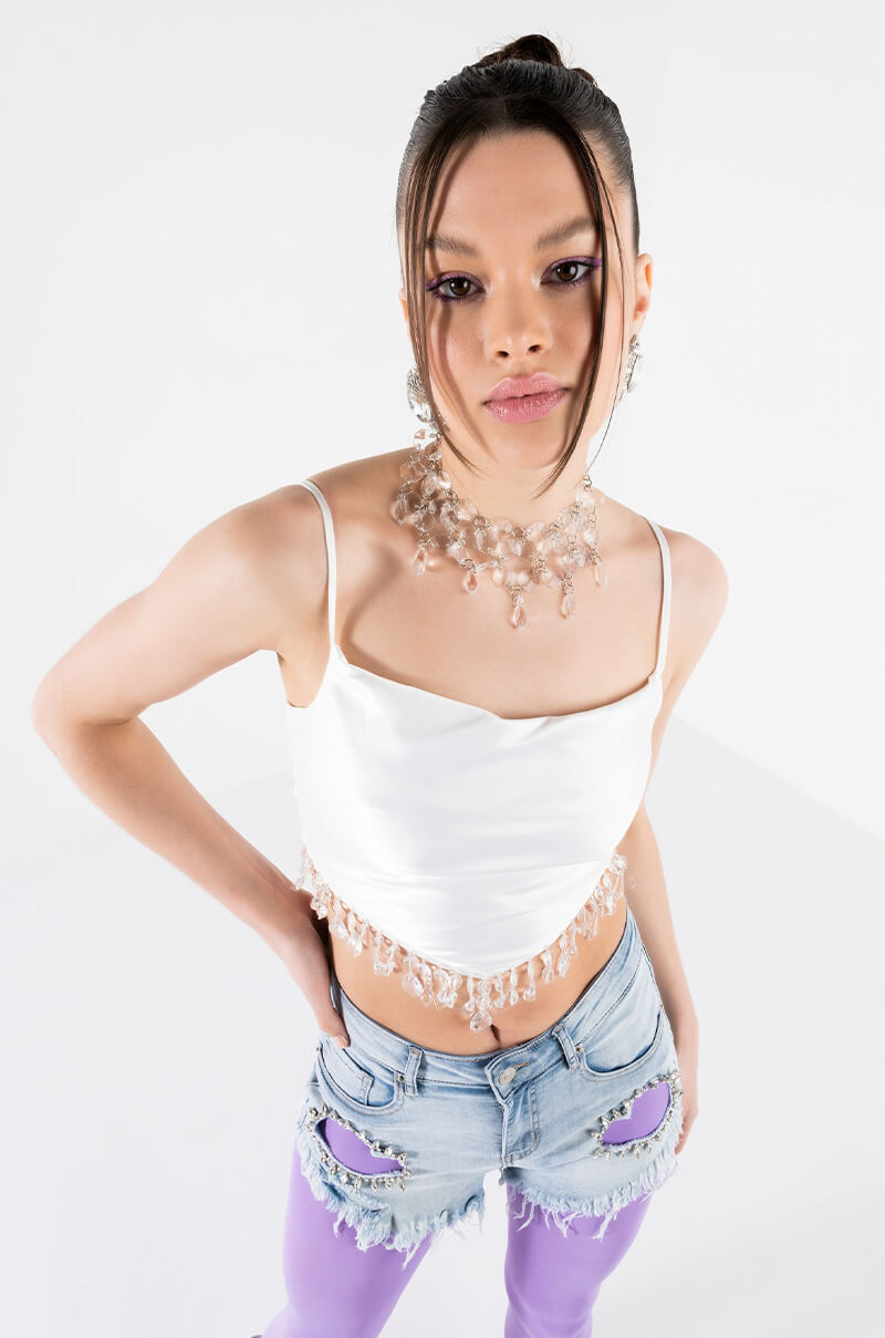 Front View Angel Babe Beaded Trim Cowl Neck Tank