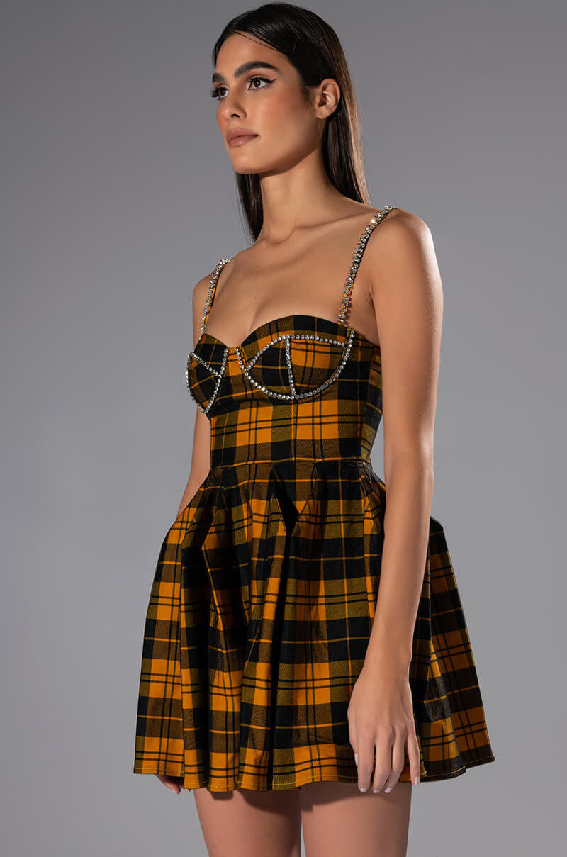 Side View Angel Baby Rhinestone Detail Corset Plaid Mini Dress