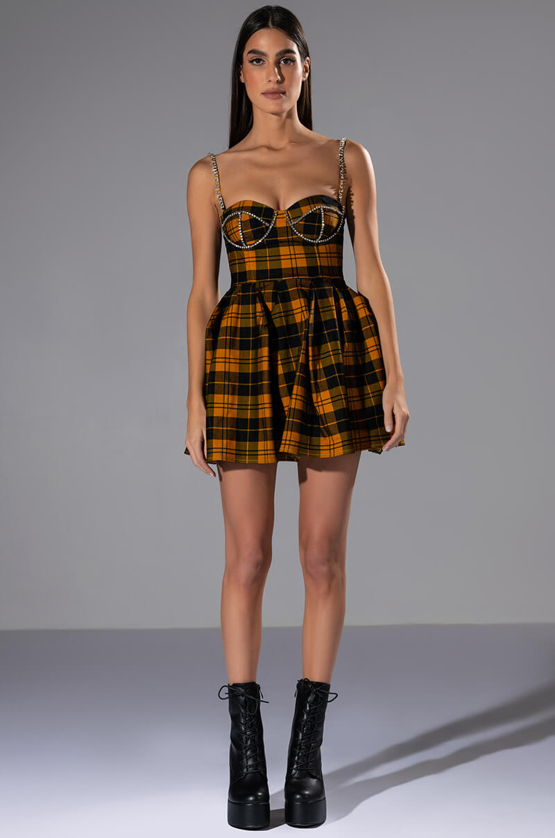 Back View Angel Baby Rhinestone Detail Corset Plaid Mini Dress