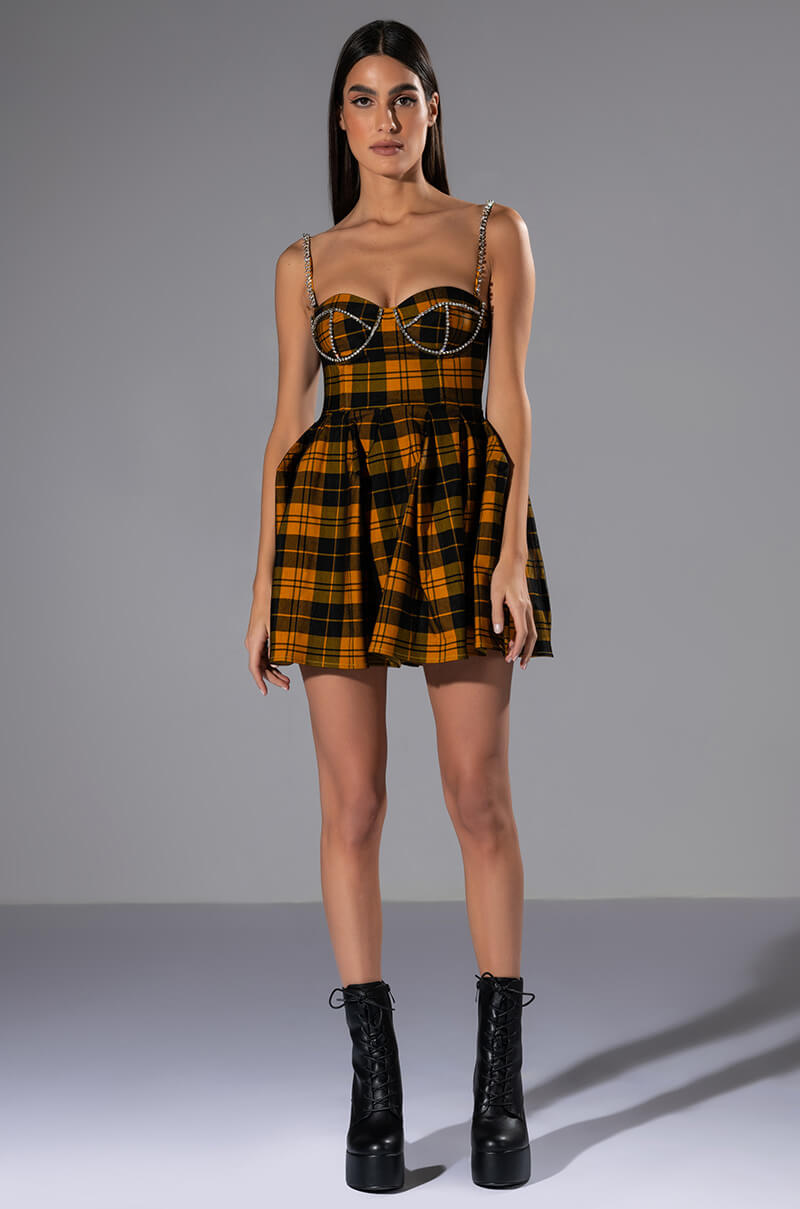 yellow plaid corset dress IGGY RHINESTONE DETAIL CORSET PLAID MINI DRESS