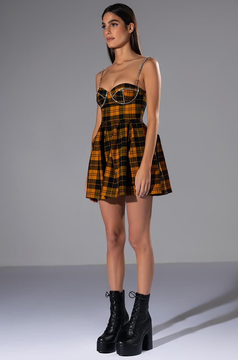 Detail View Angel Baby Rhinestone Detail Corset Plaid Mini Dress