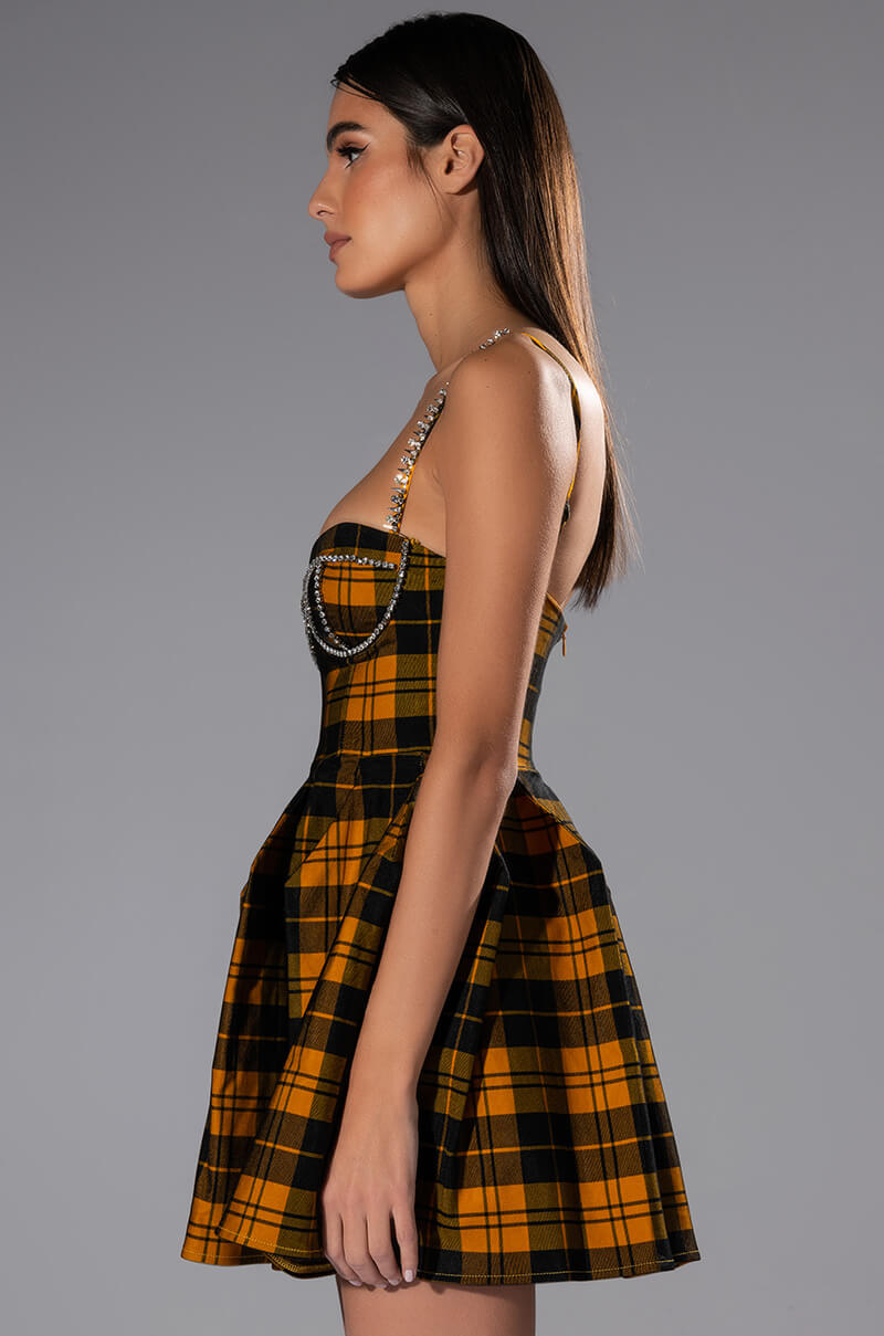 Full View Angel Baby Rhinestone Detail Corset Plaid Mini Dress
