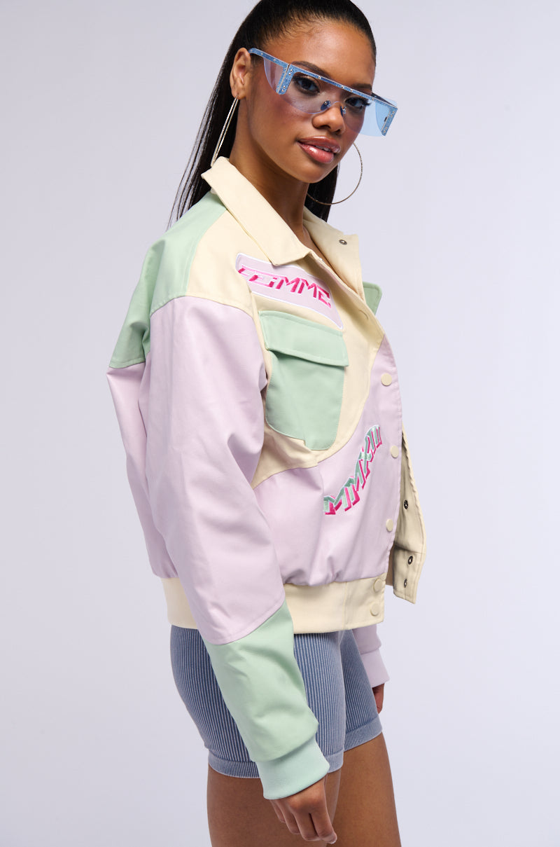 Full View Angel Eyes Pastel Pu Color Block Bomber