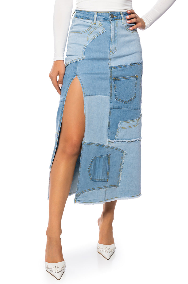 ANGEL PATCHWORK DENIM MAXI SKIRT view 0