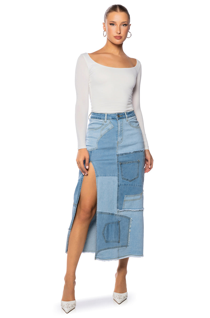 Side View Angel Patchwork Denim Maxi Skirt