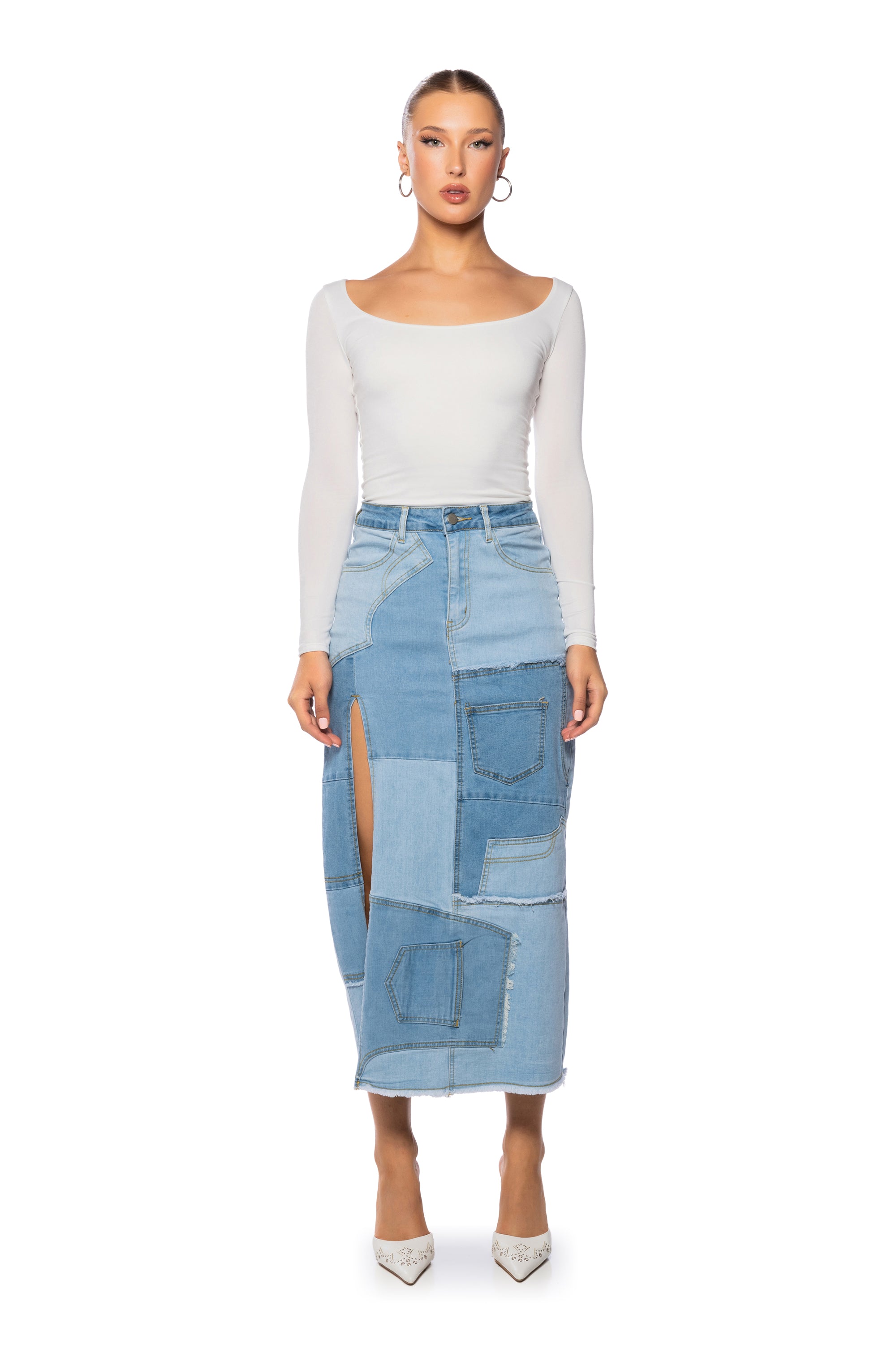 Extra View Angel Patchwork Denim Maxi Skirt