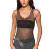 Front View Angel Sleeveless Rhinestone Mesh Top In Black