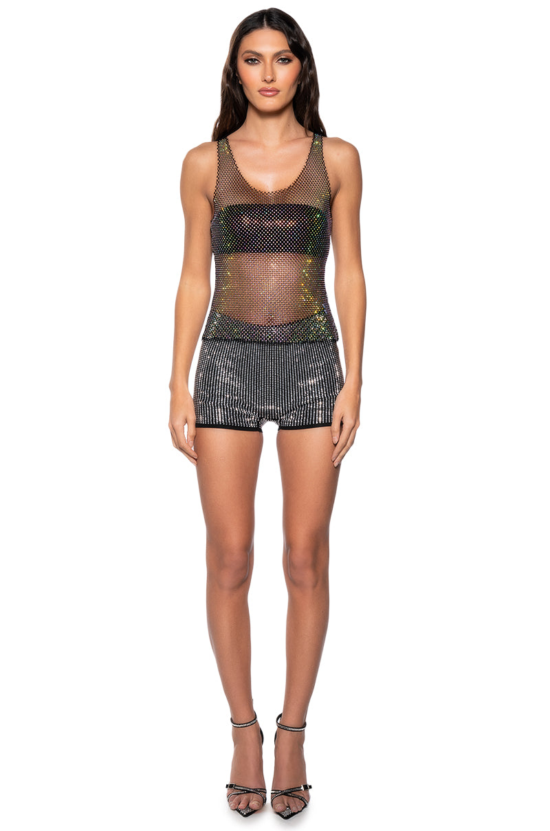 Extra View Angel Sleeveless Rhinestone Mesh Top In Black