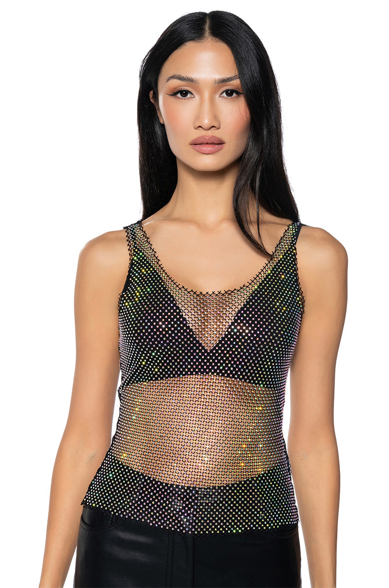 Front View Angel Sleeveless Rhinestone Mesh Top