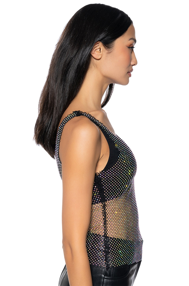 Back View Angel Sleeveless Rhinestone Mesh Top