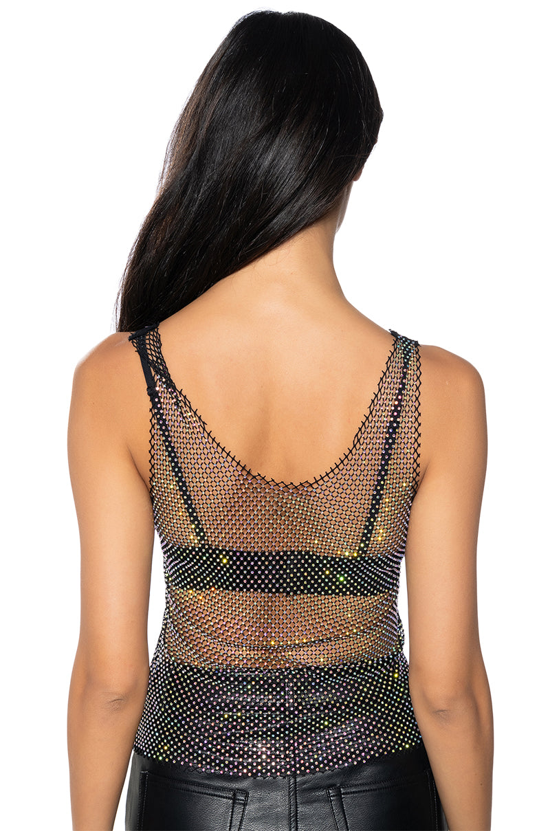 Detail View Angel Sleeveless Rhinestone Mesh Top