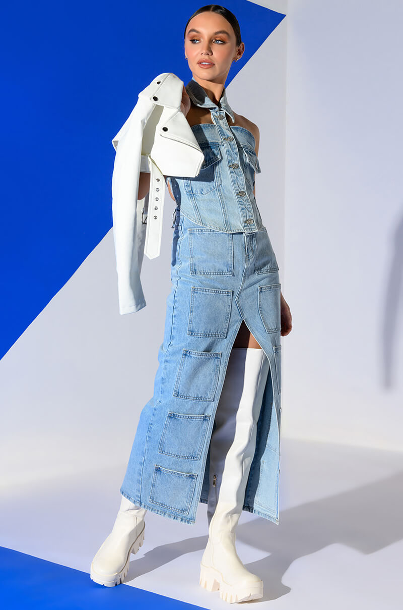 Side View Angelica Denim Midi Open Slit Skirt