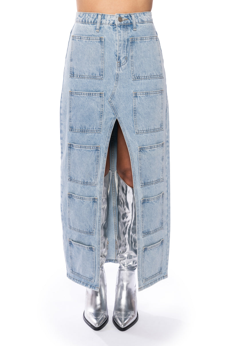 Side View Angelica Denim Midi Open Slit Skirt