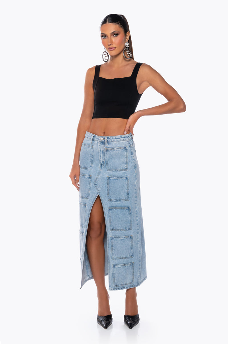 Side View Angelica Denim Midi Open Slit Skirt