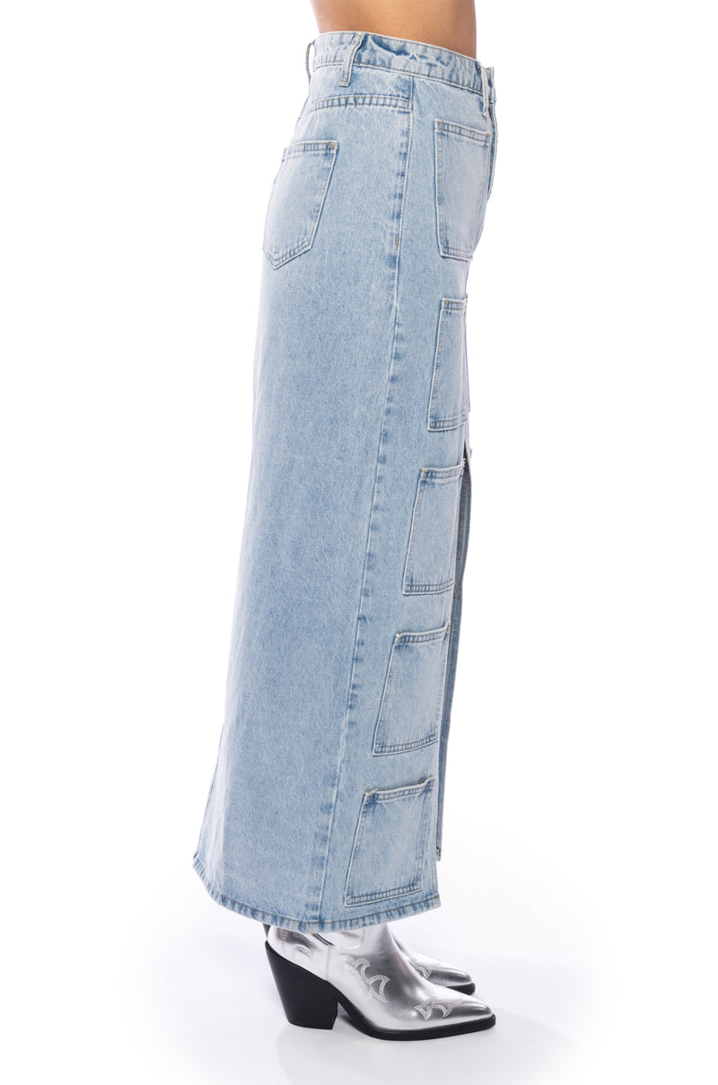Back View Angelica Denim Midi Open Slit Skirt
