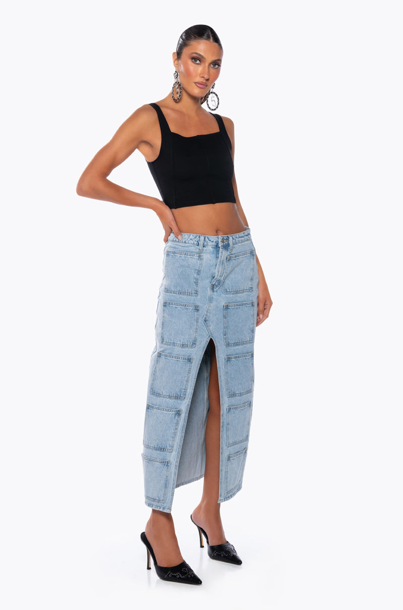 Back View Angelica Denim Midi Open Slit Skirt