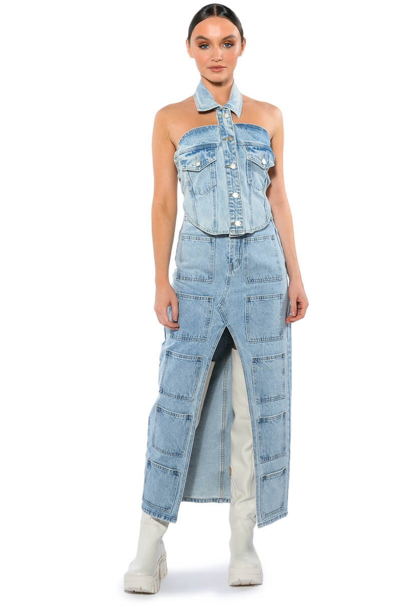 Detail View Angelica Denim Midi Open Slit Skirt