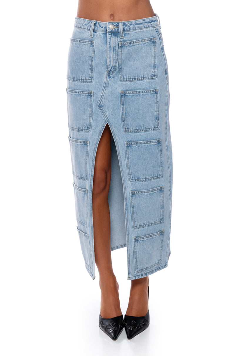 Detail View Angelica Denim Midi Open Slit Skirt