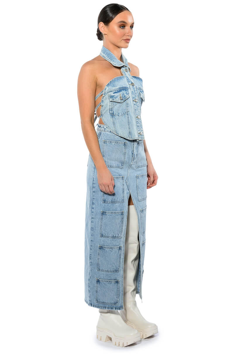 Full View Angelica Denim Midi Open Slit Skirt