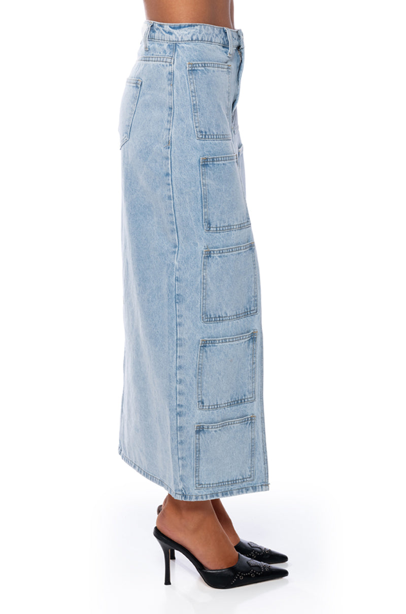 Full View Angelica Denim Midi Open Slit Skirt