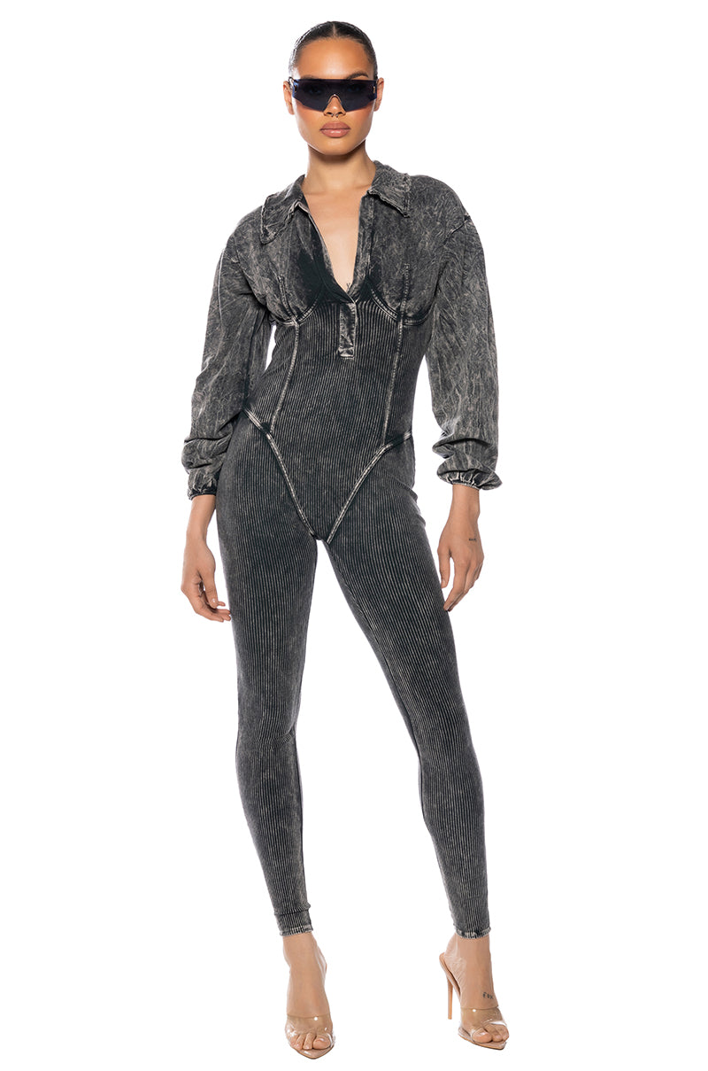 Side View Angelina Fitted Acid Wash  Jumpsuit