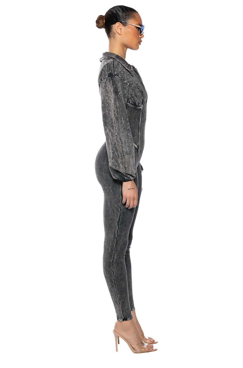 Back View Angelina Fitted Acid Wash  Jumpsuit