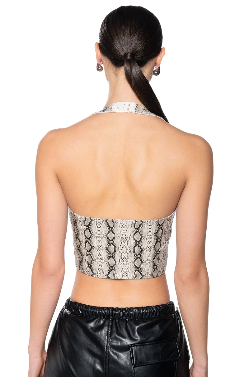 Detail View Animal Instinct Faux Leather Halter Neck Corset Top