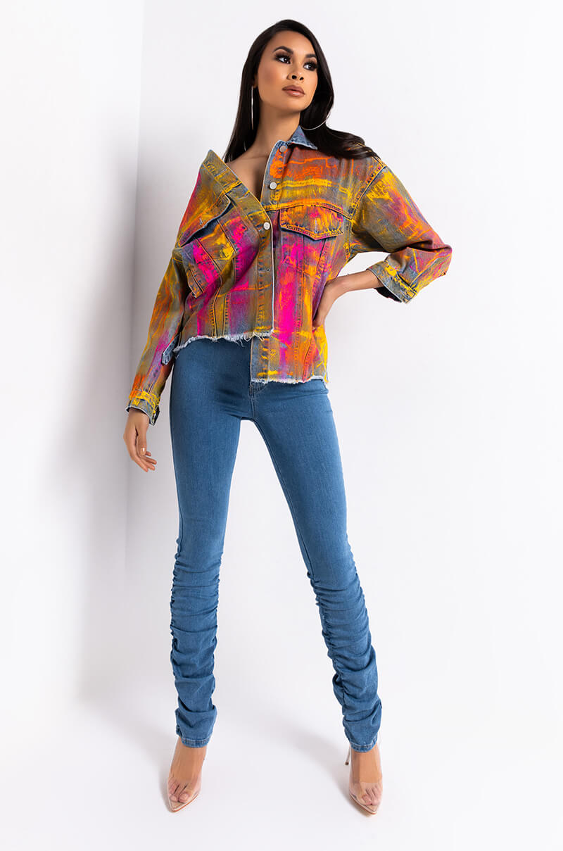 Full View Anitta Stacked High Waisted Skinny Jeans in Medium Blue Denim