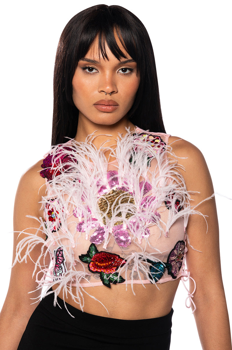 Front View Annelyn Embellished Patch Feather Detail Sleeveless Top