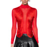 Front View Annika Fringe Detail Long Sleeve Mesh Top In Red