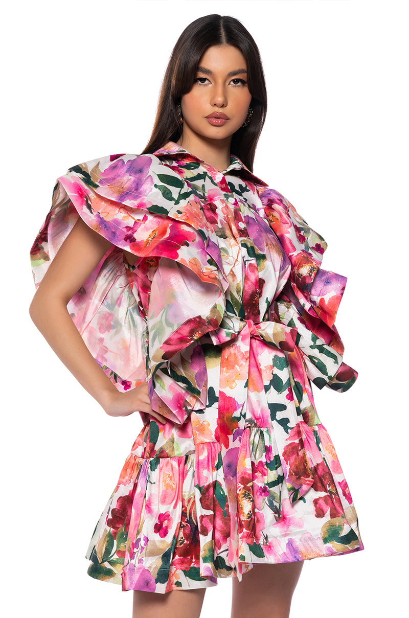 Front View Another Memory Floral Ruffle Sleeve Mini Dress