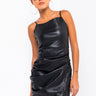 Front View Anthem Faux Leather Mini Dress in Black