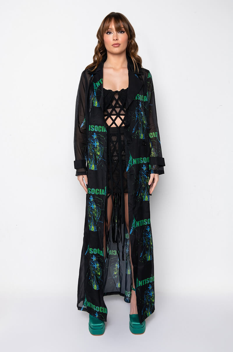 Back View Antisocial Sheer Long Printed Trench