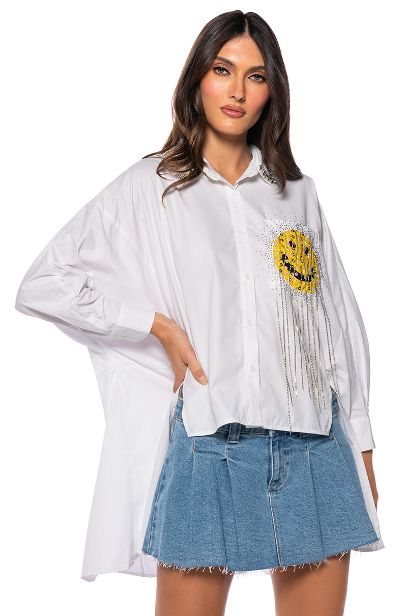 Front View Any Questions Graphic Poplin Shirt